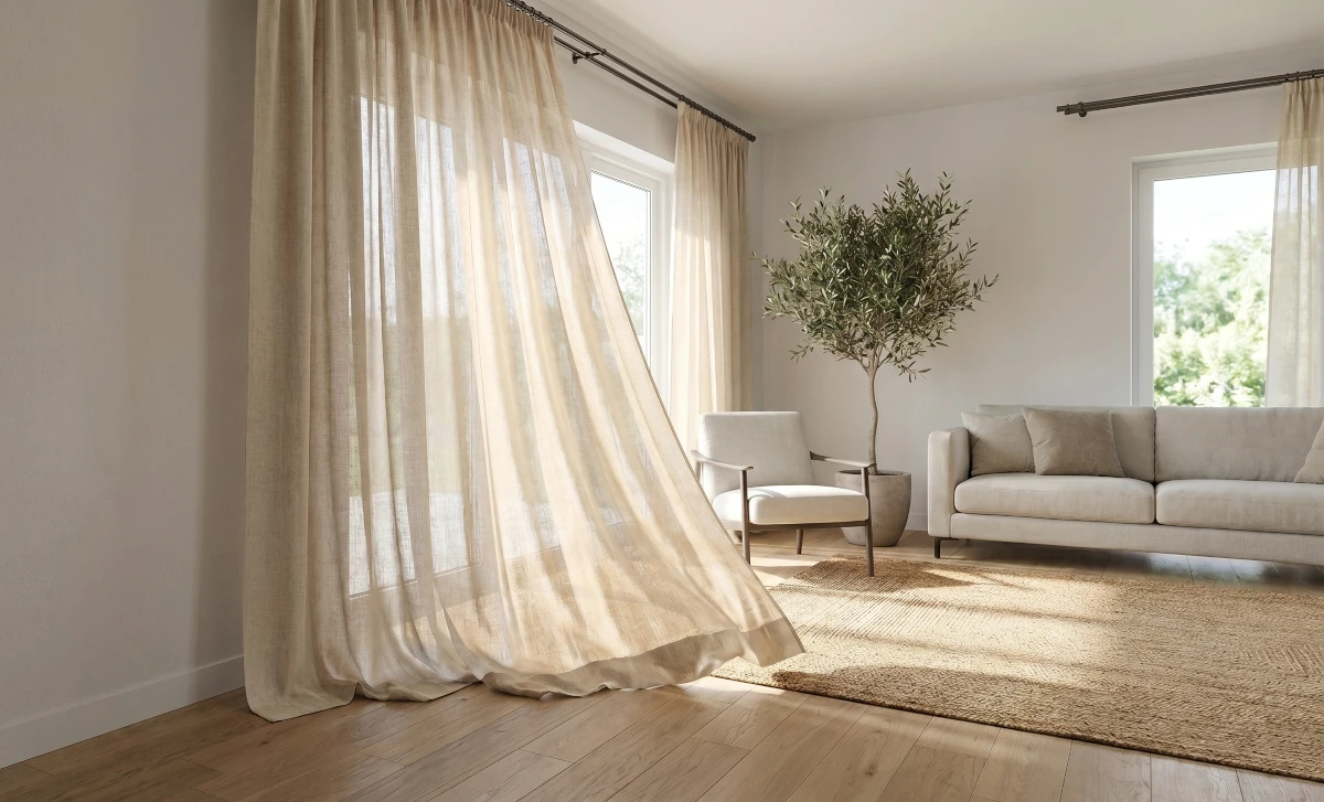 rideau en lin couleur naturelle dans un salon moderne