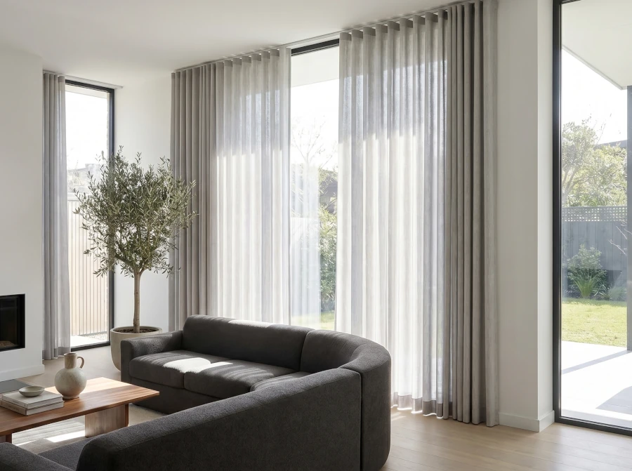cortinas a medida en estores malaga visillos a medida para grandes ventanales Málaga salón moderno