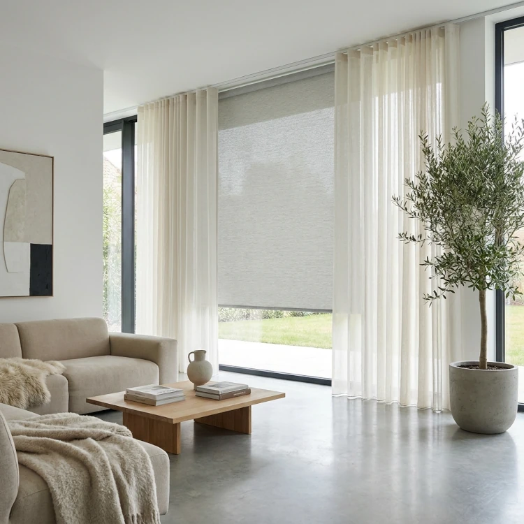 Made-to-measure roller blinds installed in a modern living room in Málaga Made-to-measure roller blinds installed in a modern living room in Málaga